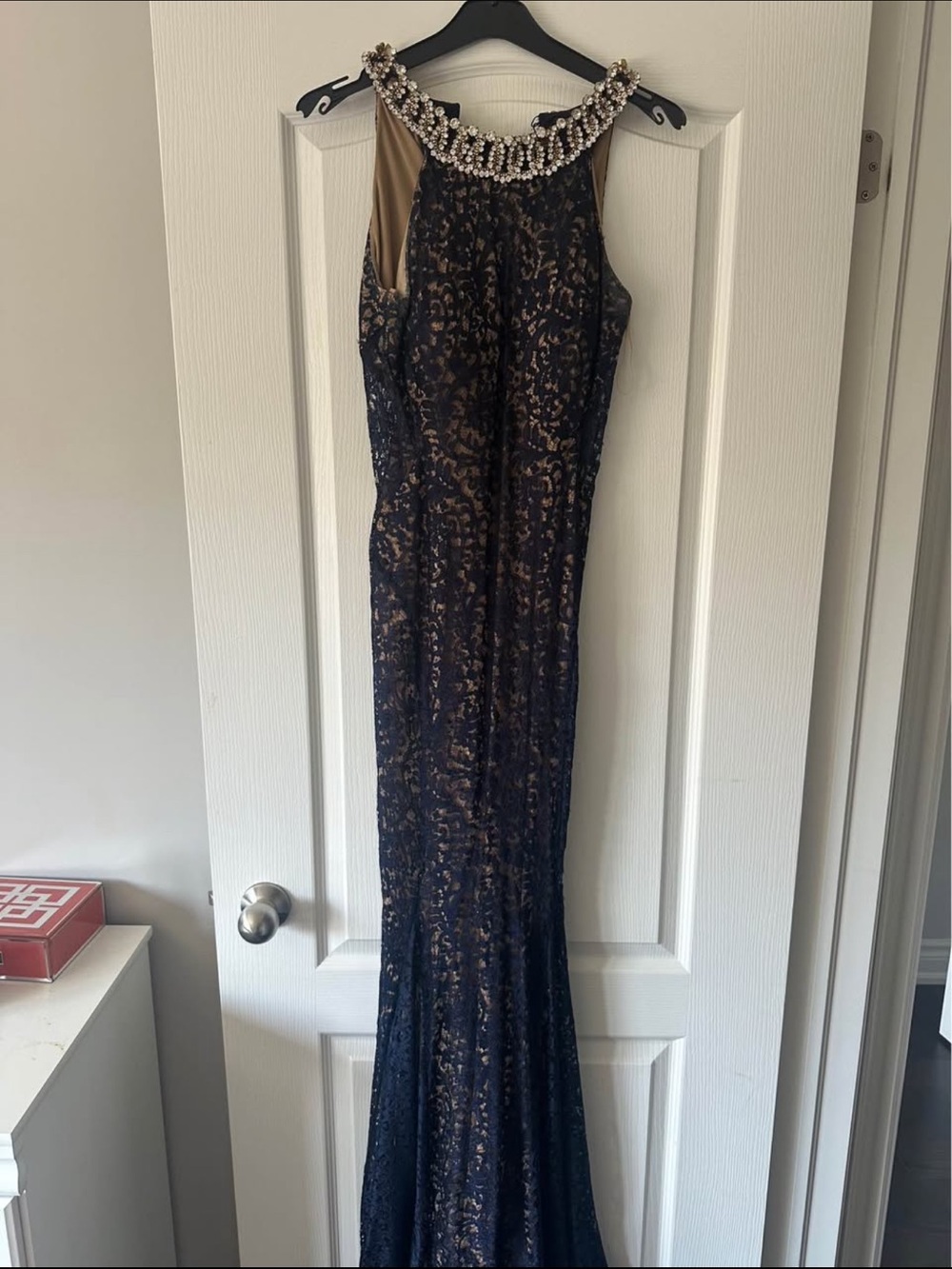 Embellished Neckline Black Lace Evening Gown